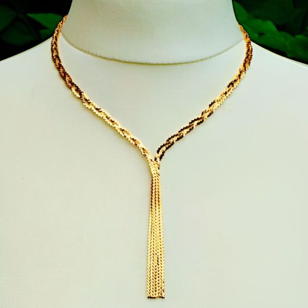 Gold Plated Plaited Serpentine Chain Tassel Necklace circa 1980s
